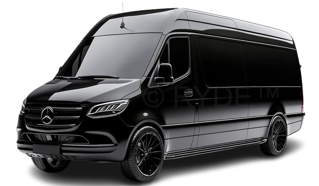 Executive Mercedes Sprinter van interior with captain's chairs and ambient lighting