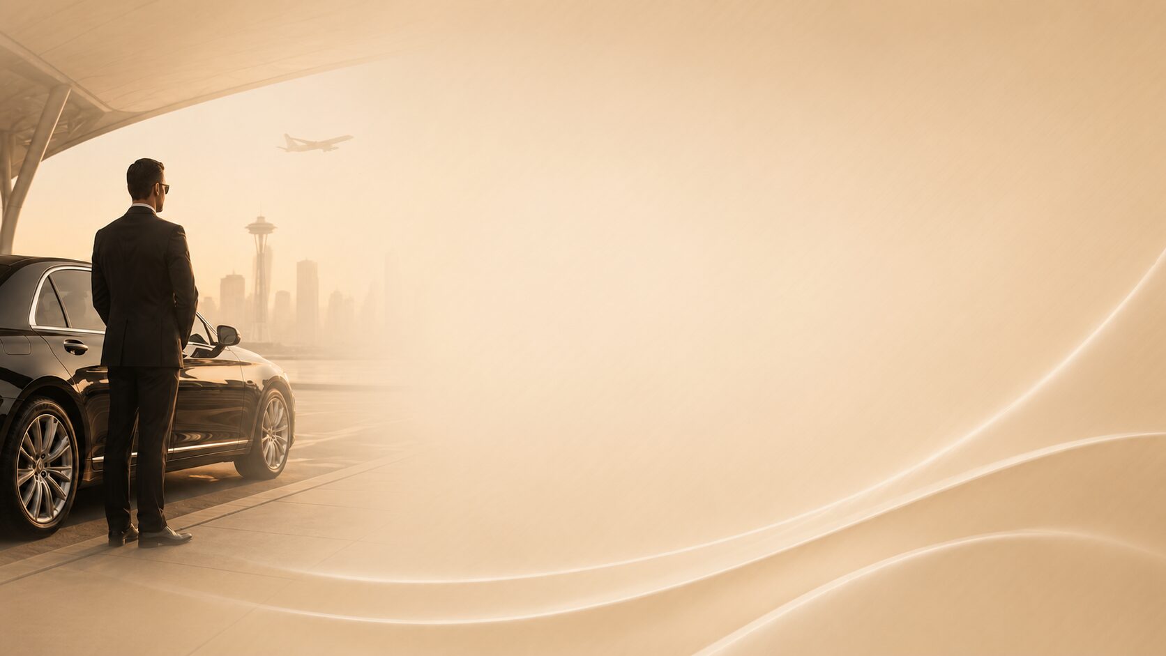 Professional chauffeur holding open the door of a black luxury sedan in Tacoma at golden hour