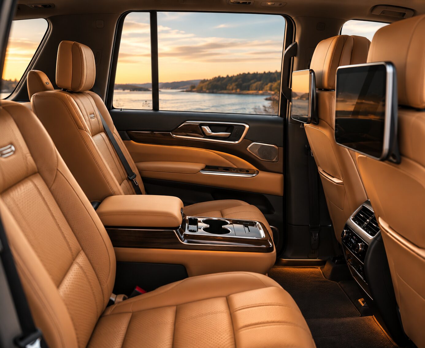 Warm-toned interior of a luxury sedan showing tan leather rear seats, wood trim, and a chauffeur's hands on the wheel